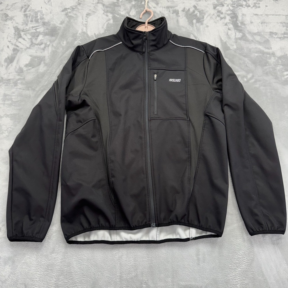 Arsuxeo Cycling Jacket Mens XL Black Full Zip Fleece Lined Reflective Softshell